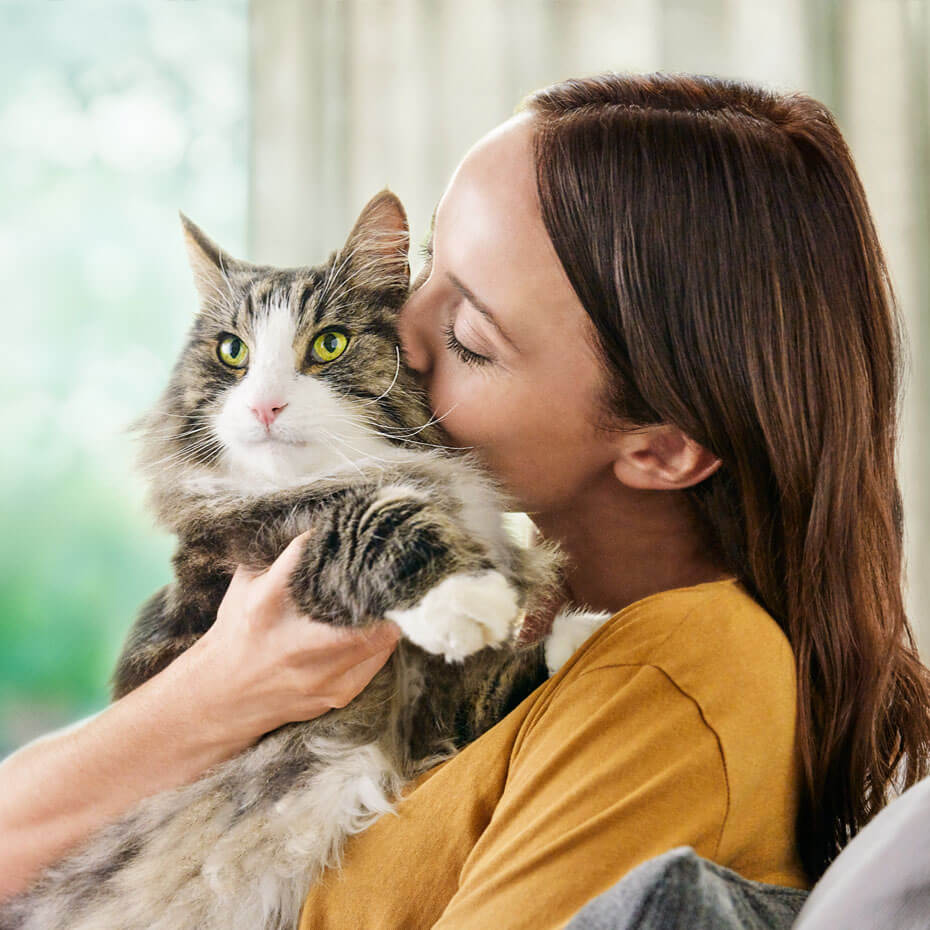 mulher a abraçar seu gato