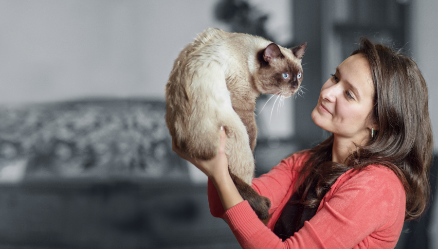 Uma mulher a olhar para o seu gato enquanto o levanta no ar