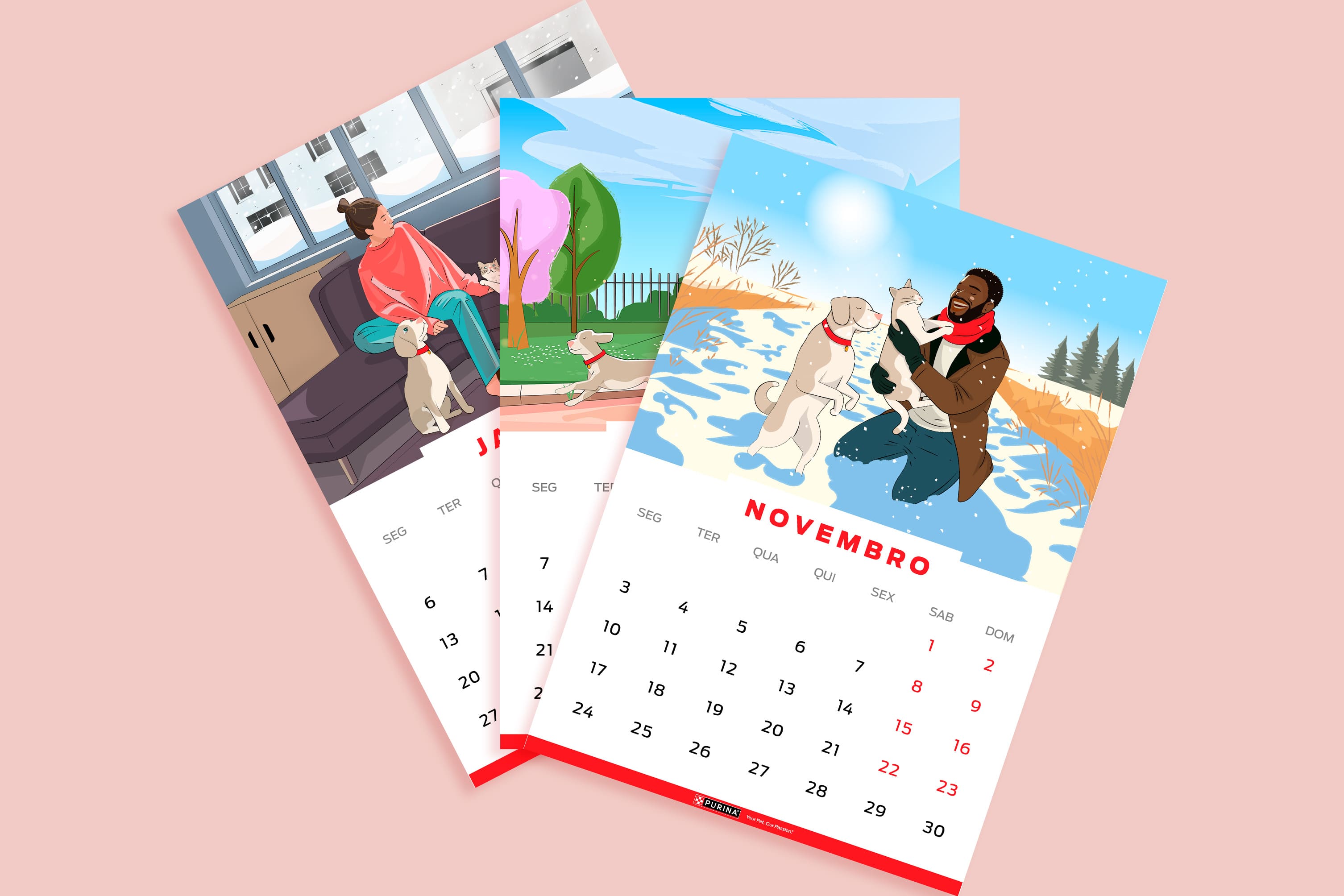 Calendário Purina com imagens de animais de estimação