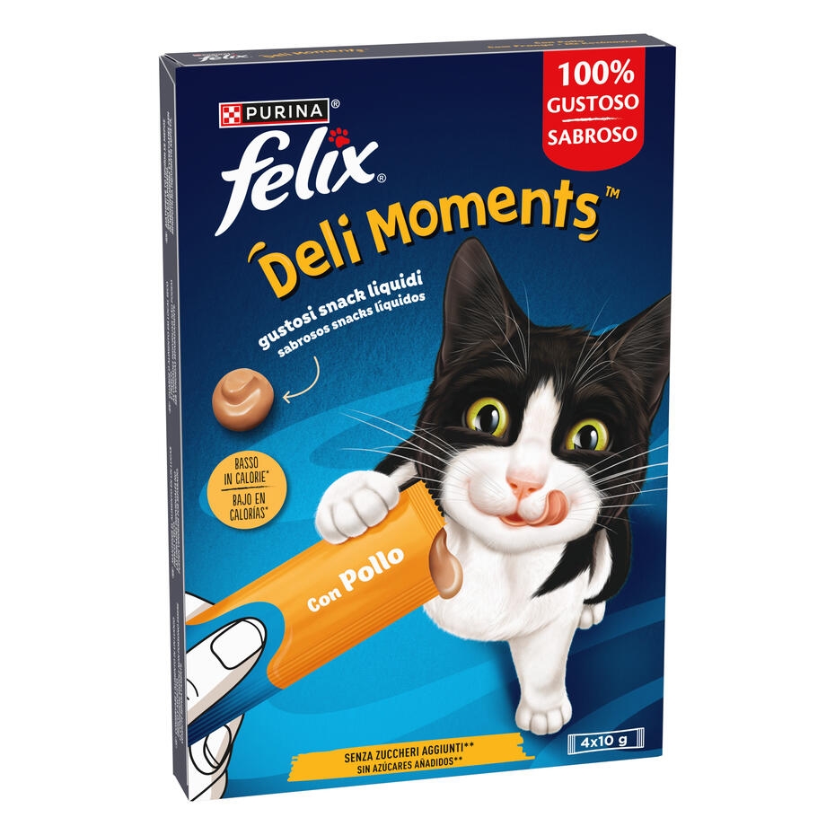 FELIX® Deli Moments™ snacks líquidos saborosos para gatos com frango saquetas 4x10g