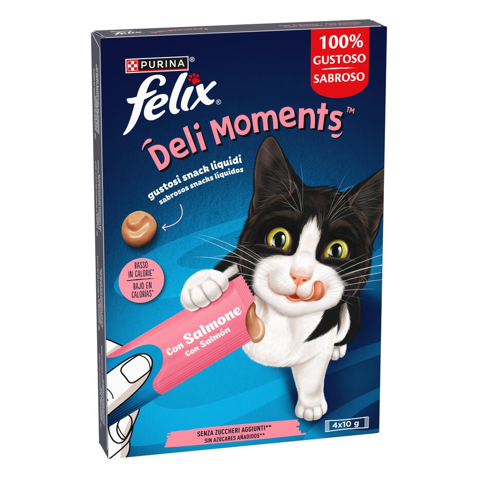 FELIX® Deli Moments™ Snacks líquidos saborosos para gatos com salmão saquetas 4x10g