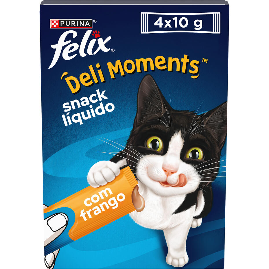 FELIX® Deli Moments™ snacks líquidos saborosos para gatos com frango saquetas 4x10g