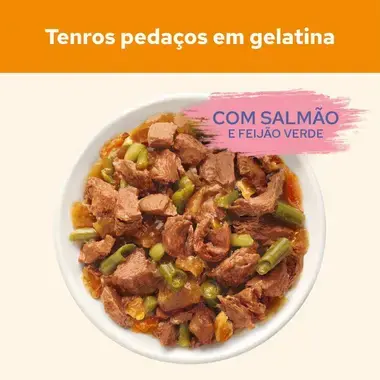 Imagem de pedaços de salmão e feijão verde em gelatina da Cat Chow
