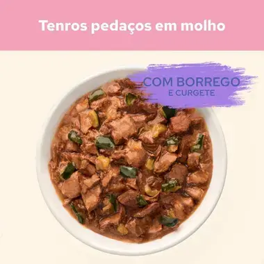 Imagem de pedaços de borrego e curgete em molho da Cat Chow