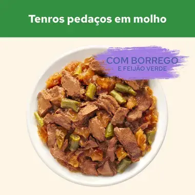 Imagem de pedaços de borrego e feijão verde Cat Chow