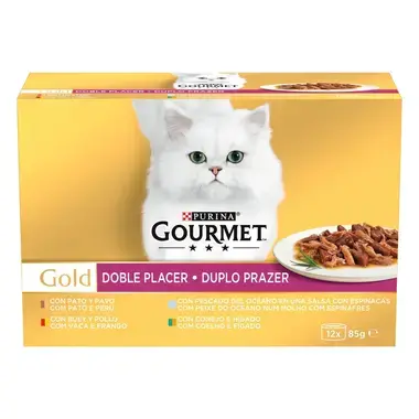 GOURMET Gold Duplo Prazer - Vaca e Frango,Peixe do Oceano e Espinafres, Pato e Peru, Coelho e Fígado