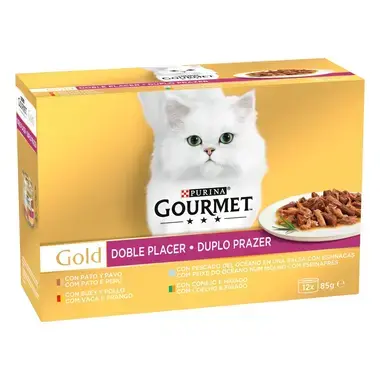 GOURMET Gold Duplo Prazer - Vaca e Frango,Peixe do Oceano e Espinafres, Pato e Peru, Coelho e Fígado