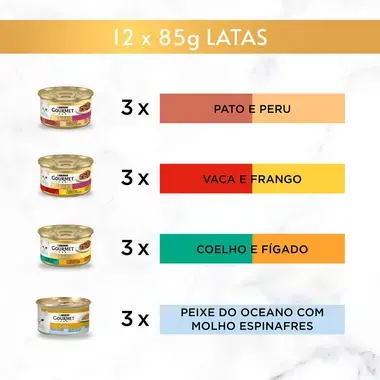 GOURMET Gold Duplo Prazer - Vaca e Frango,Peixe do Oceano e Espinafres, Pato e Peru, Coelho e Fígado