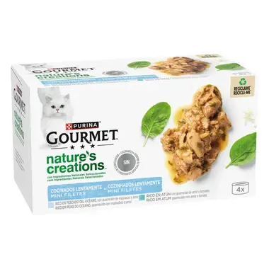 GOURMET Nature's Creations Peixe do Oceano, guarnecido com Espinafres e Arroz & Atum, guarnecido com Tomate e Arroz