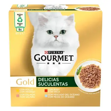 GOURMET GOLD Delícias Suculentas - com Peixe do Oceano, com Frango, com Salmão, com Vaca