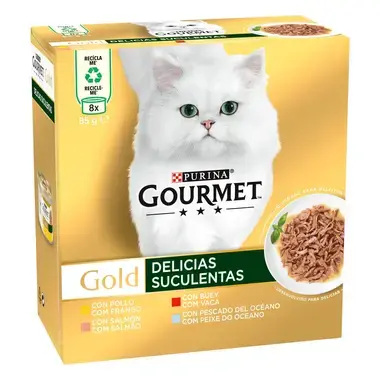 GOURMET GOLD Delícias Suculentas - com Peixe do Oceano, com Frango, com Salmão, com Vaca
