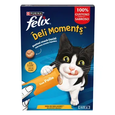 FELIX® Deli Moments™ snacks líquidos saborosos para gatos com frango saquetas 4x10g