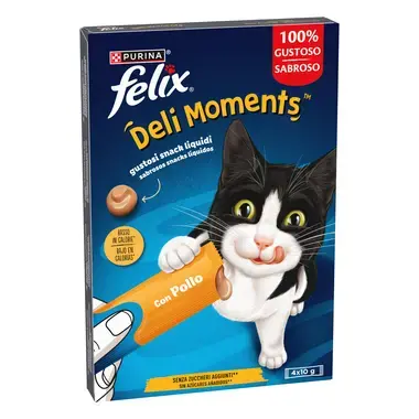 FELIX® Deli Moments™ snacks líquidos saborosos para gatos com frango saquetas 4x10g
