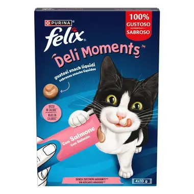 FELIX® Deli Moments™ Snacks líquidos saborosos para gatos com salmão saquetas 4x10g