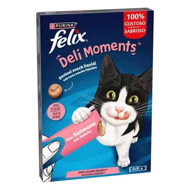 FELIX® Deli Moments™ Snacks líquidos saborosos para gatos com salmão saquetas 4x10g