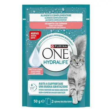 PURINA® ONE® HYDRALIFE™ Alimento complementar para gatos adultos aromatizado com salmão