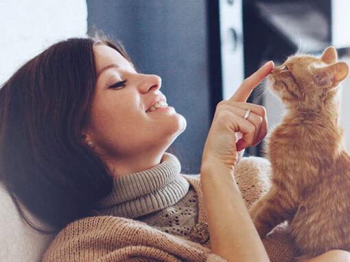 Mulher a tocar o nariz do gato laranja