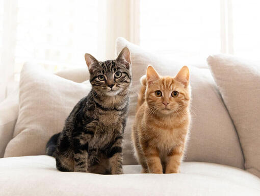 Gatos Tabby castanhos e laranjas sentados no sofá