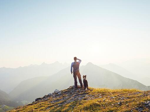 Um homem com um cachorro no topo de uma montanha
