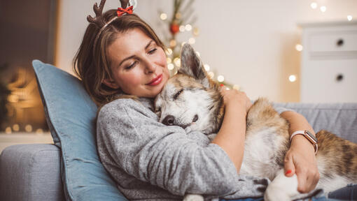 mulher no sofá a abraçar o seu cão