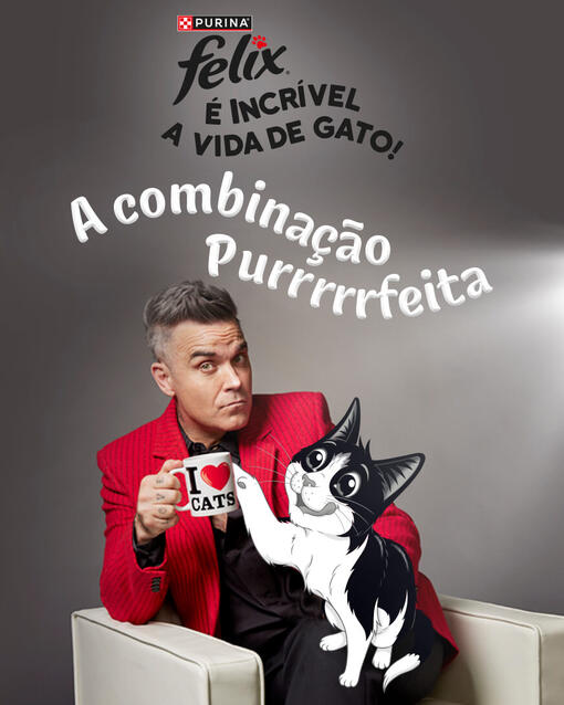 Felix e Robbie juntos, Robbie a segurar uma caneca I love cats