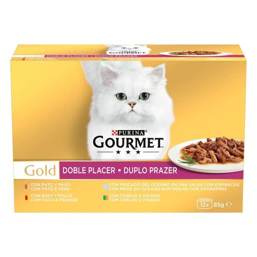 GOURMET Gold Duplo Prazer - Vaca e Frango,Peixe do Oceano e Espinafres, Pato e Peru, Coelho e Fígado